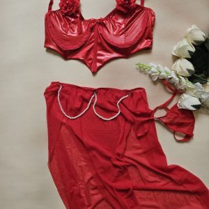 لباس خواب دوتیکه چرم و تور